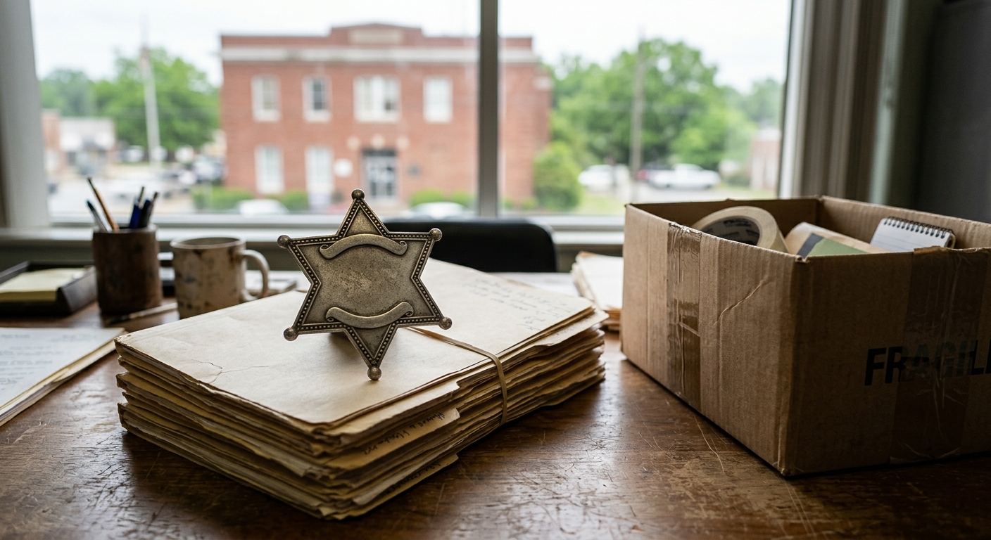 a generic metal sheriff's star badge resting on a stack of closed manila folders next to a half-filled cardboard moving box on a wooden office desk, with a blur