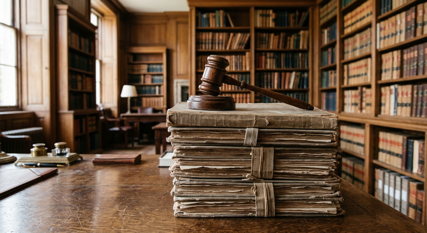 a wooden gavel resting on a tall stack of thick, bound legal folders on a heavy oak desk inside a traditional law library with classic wood-paneled walls, natur