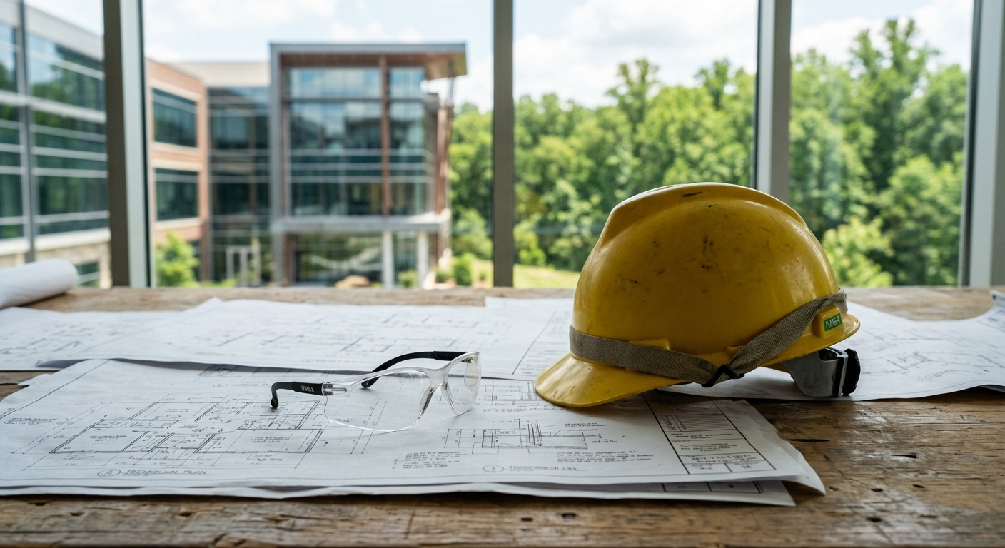 a yellow hard hat and safety glasses resting on scattered technical blueprints on a wooden table, with a blurred background showing a modern corporate office bu