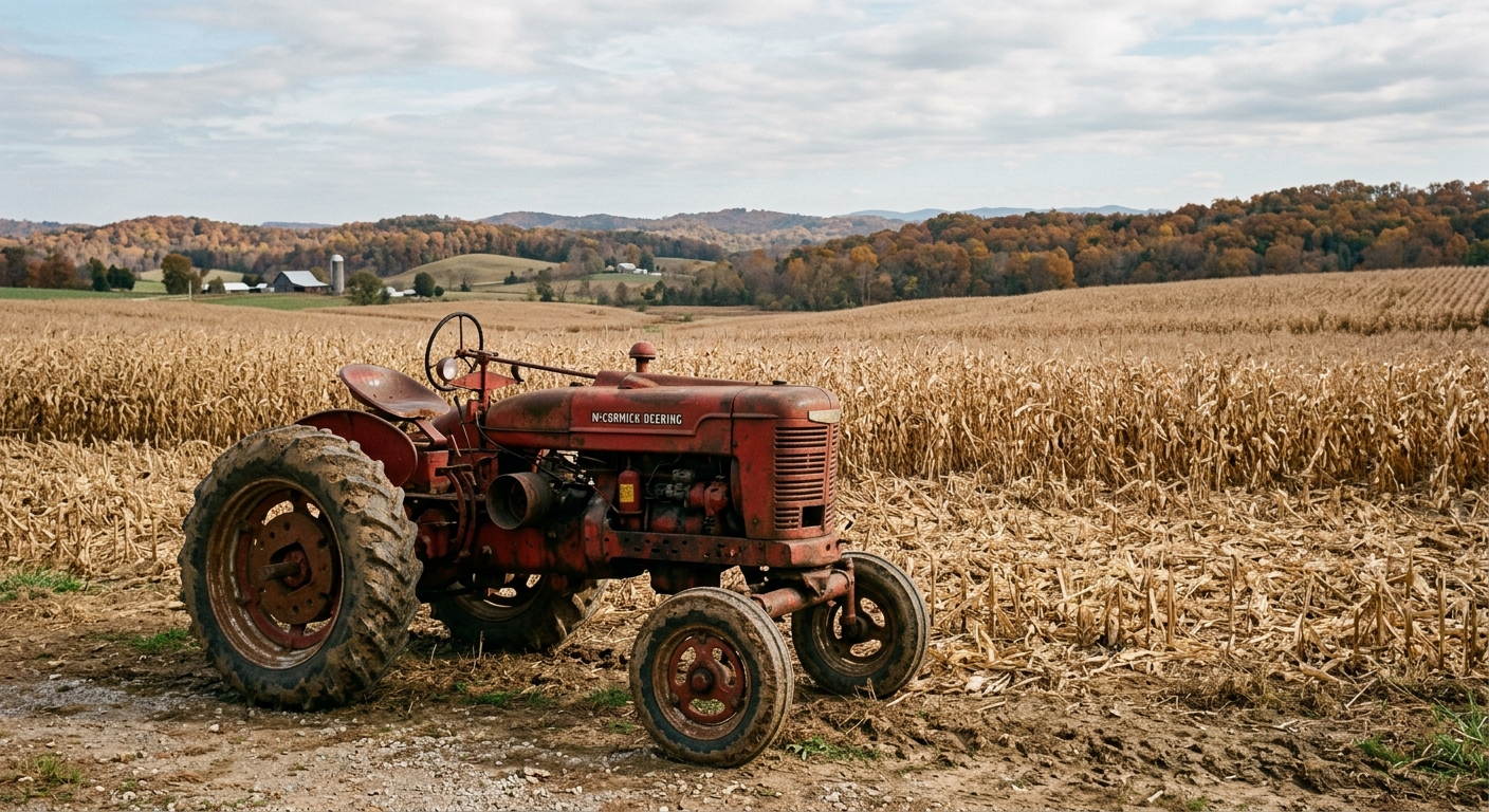 a weathered red tractor parked near a vast field of dry, harvested corn stalks, set against the rolling hills of rural Tennessee, natural everyday lighting, sho