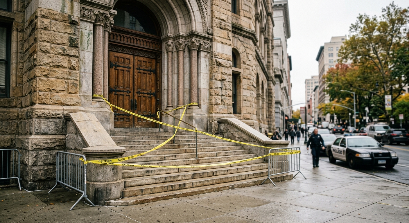 the exterior entrance of a grand stone courthouse building, with yellow caution tape strung across the wide concrete steps, and a blurred law enforcement vehicl