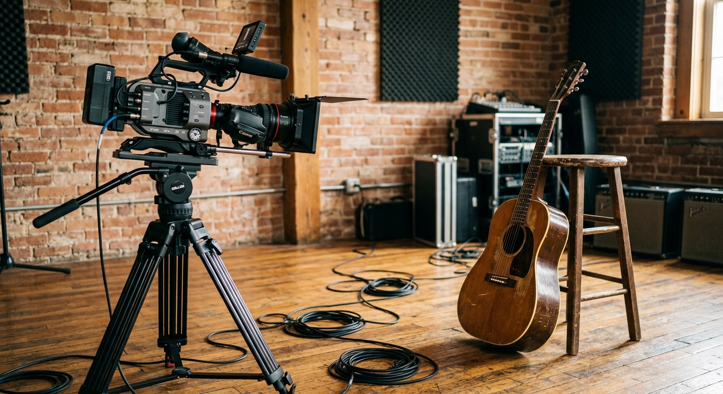 a professional video camera on a tripod pointing toward a vintage acoustic guitar resting on a wooden stool in an exposed brick rehearsal room with coiled black