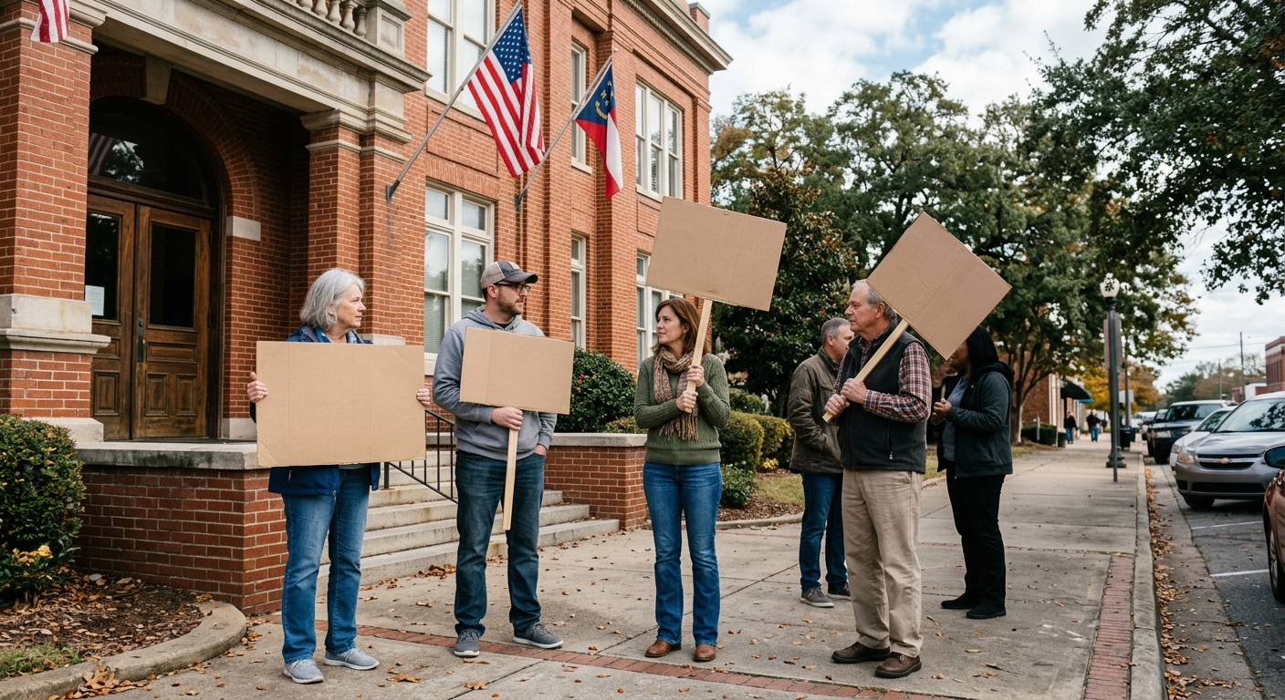 a small group of citizens gathered in protest outside a brick municipal city hall building in the southern United States, holding blank cardboard signs, some we