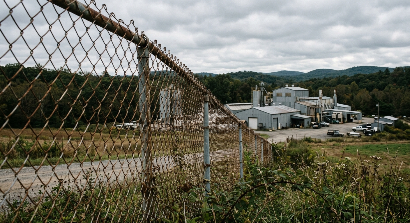 a weathered chain-link fence in the foreground looking toward a quiet, rural industrial manufacturing plant with large metal buildings, surrounded by dense tree