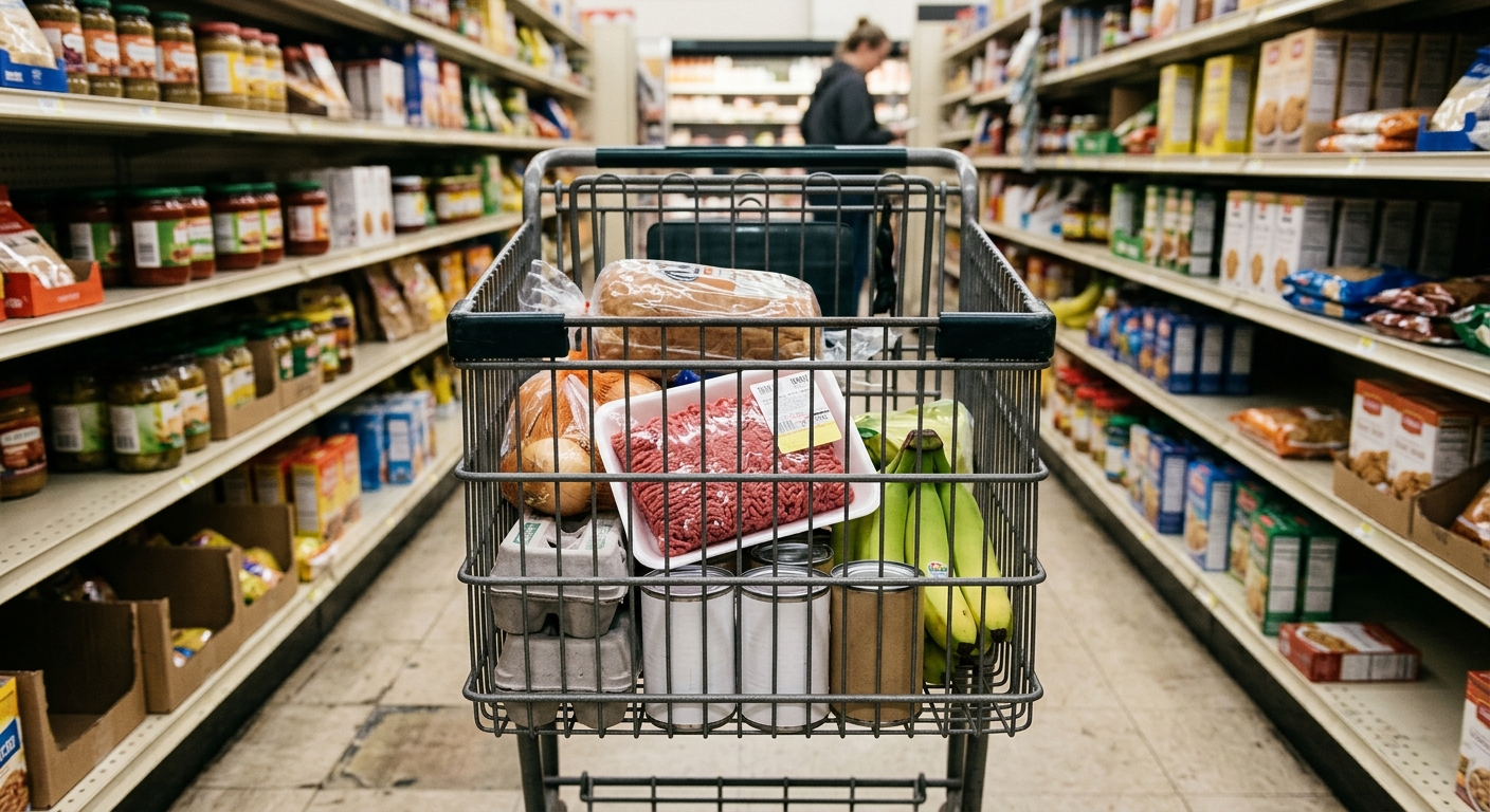 a standard metal shopping cart partially filled with basic groceries, including a package of raw ground beef and unbranded canned goods, sitting in the aisle of