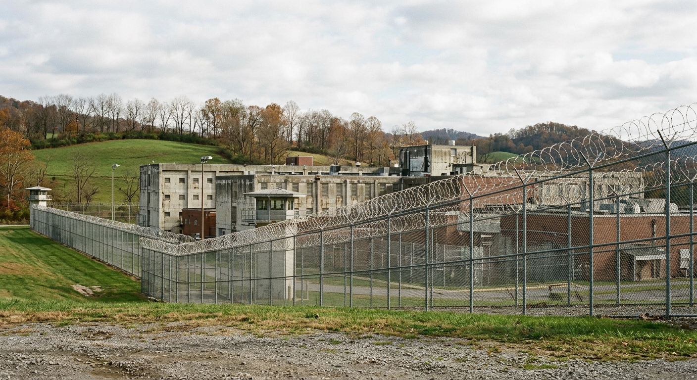 the exterior of a state correctional facility with tall chain-link fencing topped with razor wire, set against a backdrop of rolling green hills and bare decidu