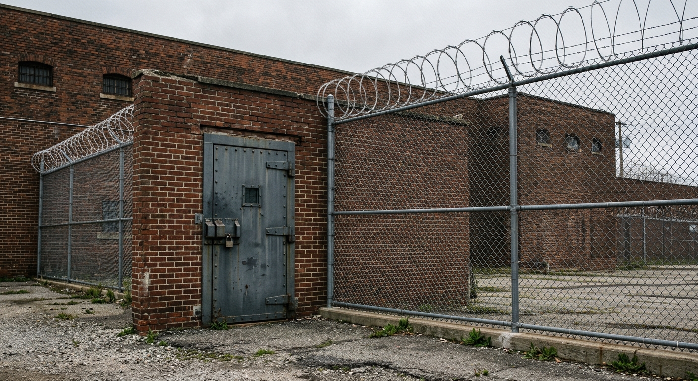 a heavy metal door and a chain-link fence topped with coiled razor wire outside a brick state penitentiary facility under an overcast sky, natural everyday ligh