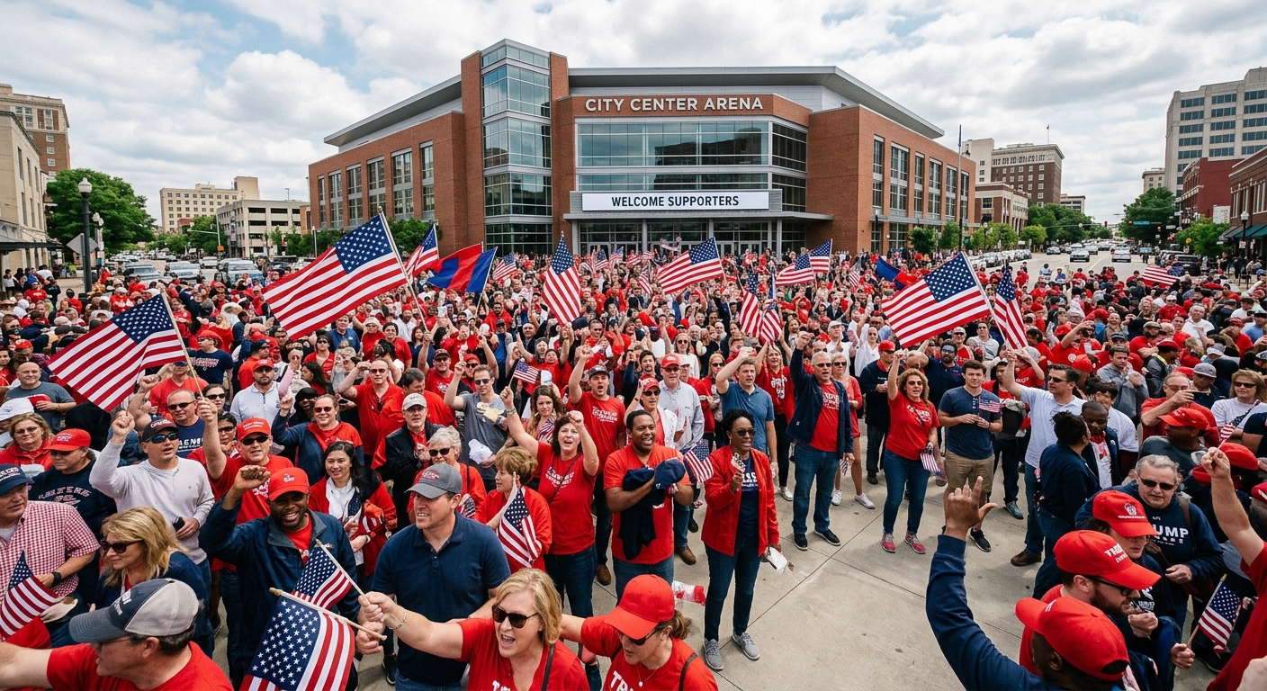a crowd of enthusiastic political supporters waiting outside a modern brick arena in a Southern US city, wearing casual red clothing and waving American flags u