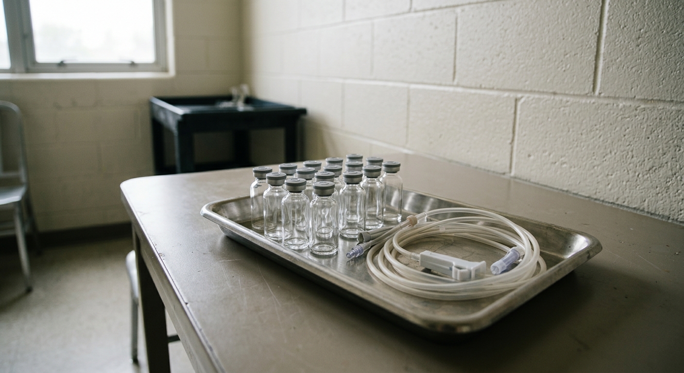 a sterile stainless steel medical tray holding plain glass vials and coiled intravenous tubing, sitting on a plain table inside an austere institutional room wi