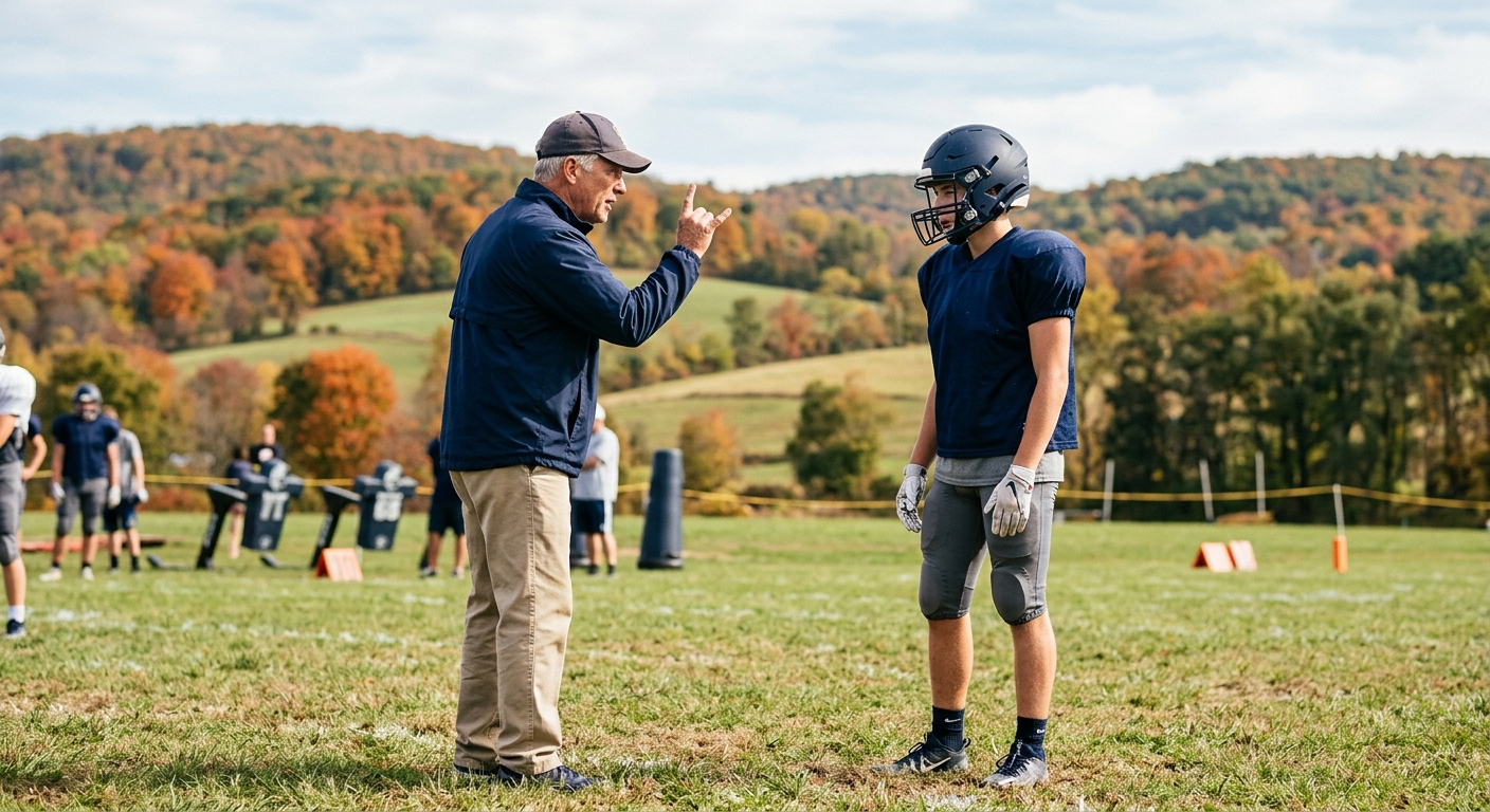 a high school football coach making a sign language hand gesture to a teenage football player wearing a plain practice jersey and helmet, standing on a grassy p