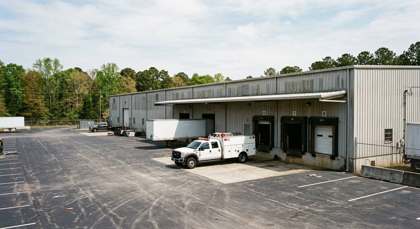 an emergency response vehicle parked outside a massive corrugated metal warehouse loading dock, surrounded by an asphalt parking lot and distant trees typical o