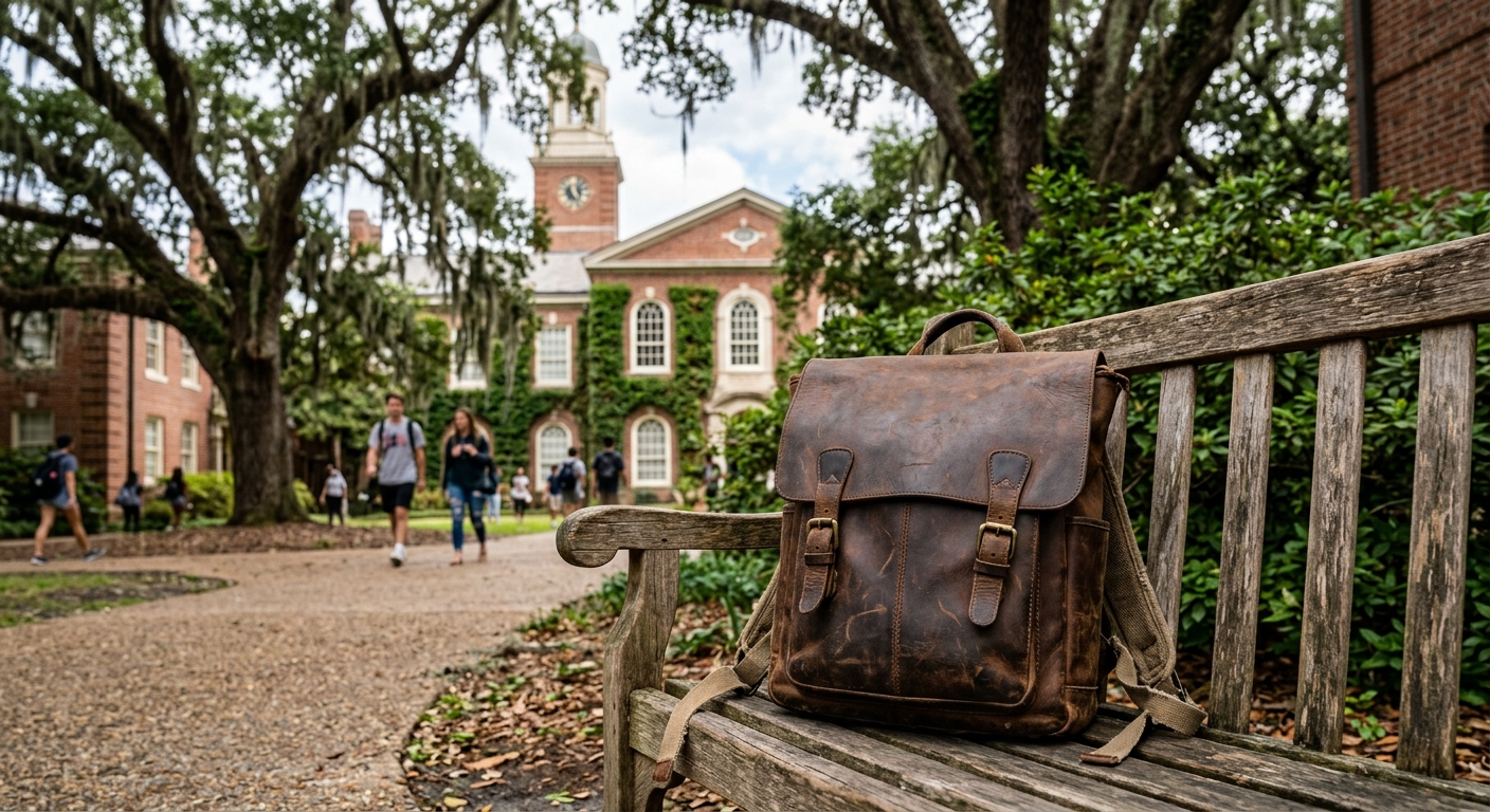 a worn leather backpack resting on a wooden bench in front of a classic red-brick university building with large oak trees on a Southern United States college c