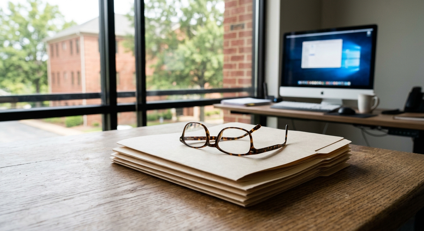 a stack of blank paper folders and a pair of reading glasses resting on a wooden conference table, with a blurred modern computer workstation in the background,