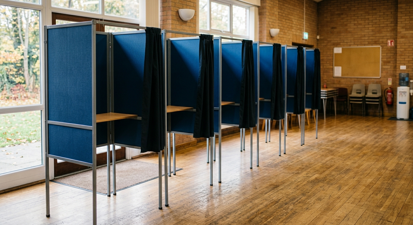 a row of empty, privacy-screened voting booths set up on a hardwood floor inside a local community center preparing for local elections, natural everyday lighti
