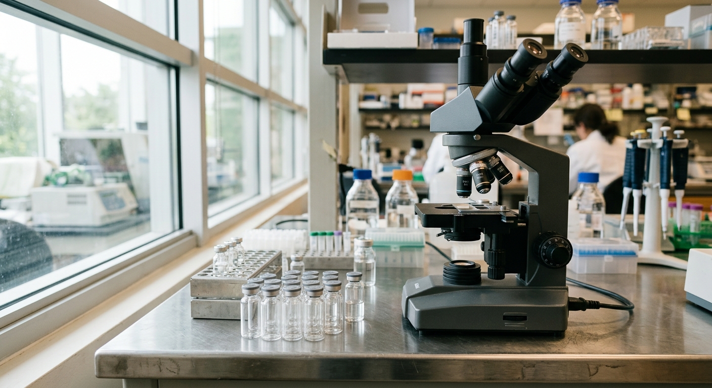 small clear glass medical vials and a modern microscope on a stainless steel laboratory counter inside a biomedical research facility, softly lit by daylight fr