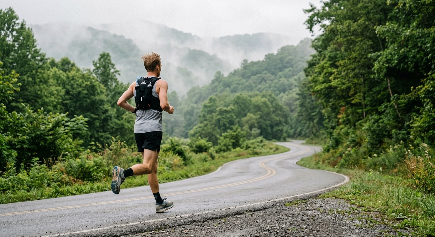 a male runner in athletic gear jogging along a rural asphalt road in the rolling hills of Tennessee, wearing a hydration vest and running shoes, with green tree