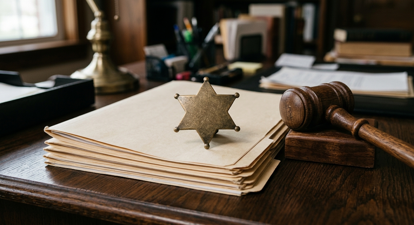 a generic metal sheriff's star badge resting on top of a stack of blank manila folders and a wooden gavel on a dark oak desk, natural everyday lighting, shot on