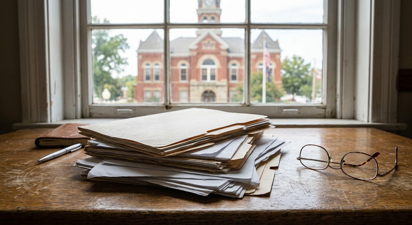 a stack of manila folders and loose printed pages on a worn wooden desk, a pair of reading glasses nearby, with a softly blurred view of a traditional brick cou