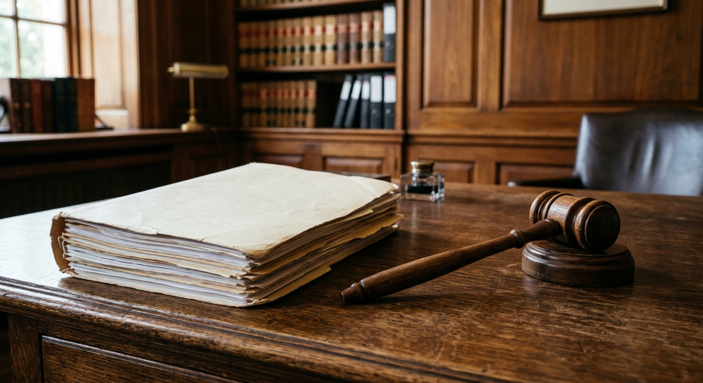 a thick manila folder and a wooden gavel resting on a traditional oak desk inside a classic law office with warm wood paneling, natural everyday lighting, shot