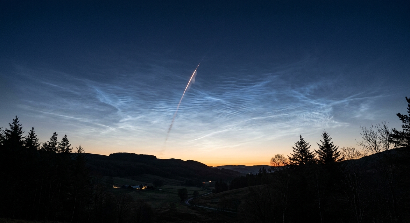 a thin, silvery-blue noctilucent cloud and a distant rocket exhaust trail in the early morning sky, viewed over silhouettes of rolling hills and rural forest tr