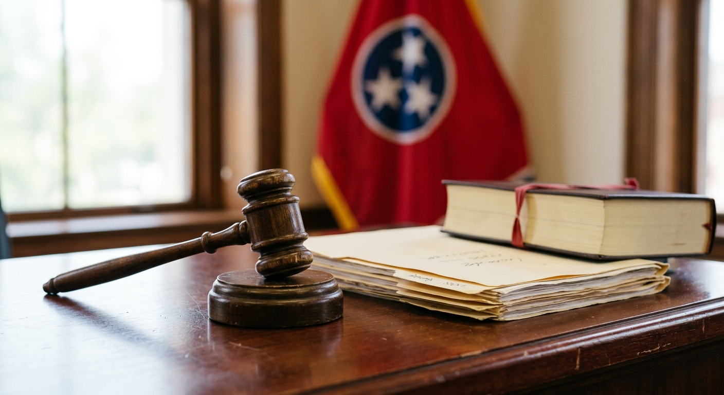 a wooden gavel resting beside a stack of manila folders and bound legal documents on a polished wooden desk, with the distinct red, white, and blue colors of a