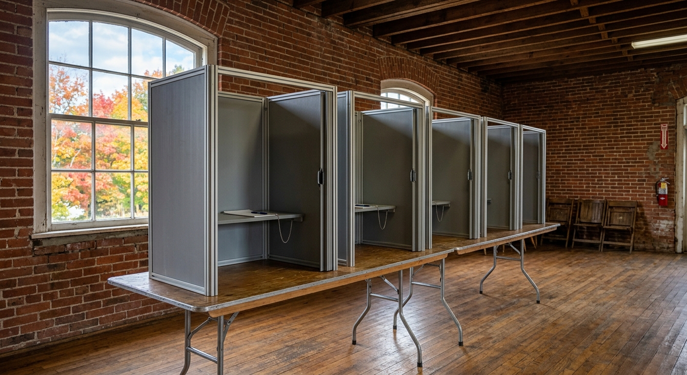 a row of blank privacy voting booths set up on folding tables inside a rural brick community center with autumn trees visible through a nearby window, natural e