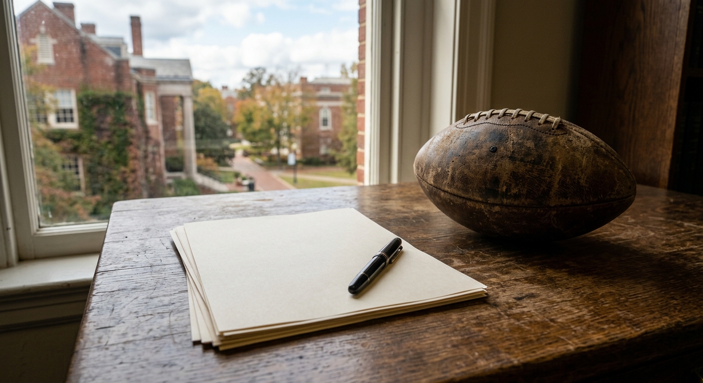 a printed legal contract and a pen resting on a heavy oak desk next to a weathered leather football, with a blurred view of classic southern collegiate brick ar