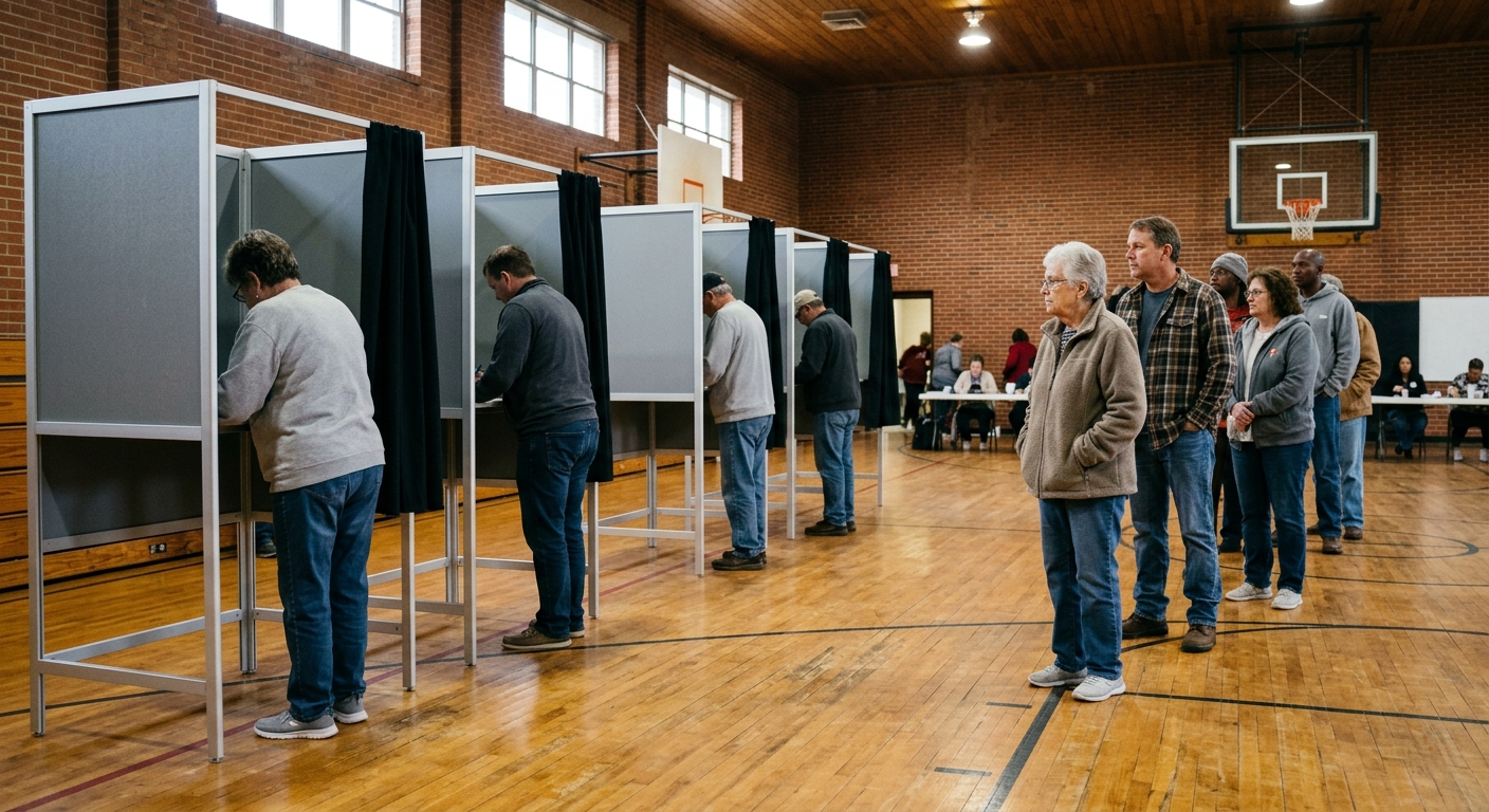 a row of standard privacy voting booths set up on a polished wooden floor inside a local community center gymnasium in the American South, a few citizens standi