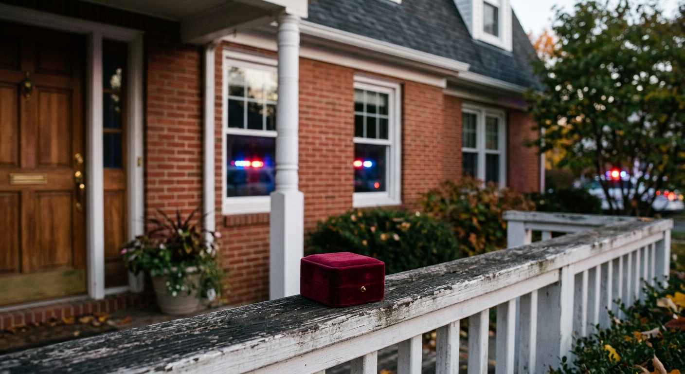 a small velvet jewelry box sitting on a wooden porch railing of a traditional red brick suburban home, with blurred red and blue emergency lights reflecting off