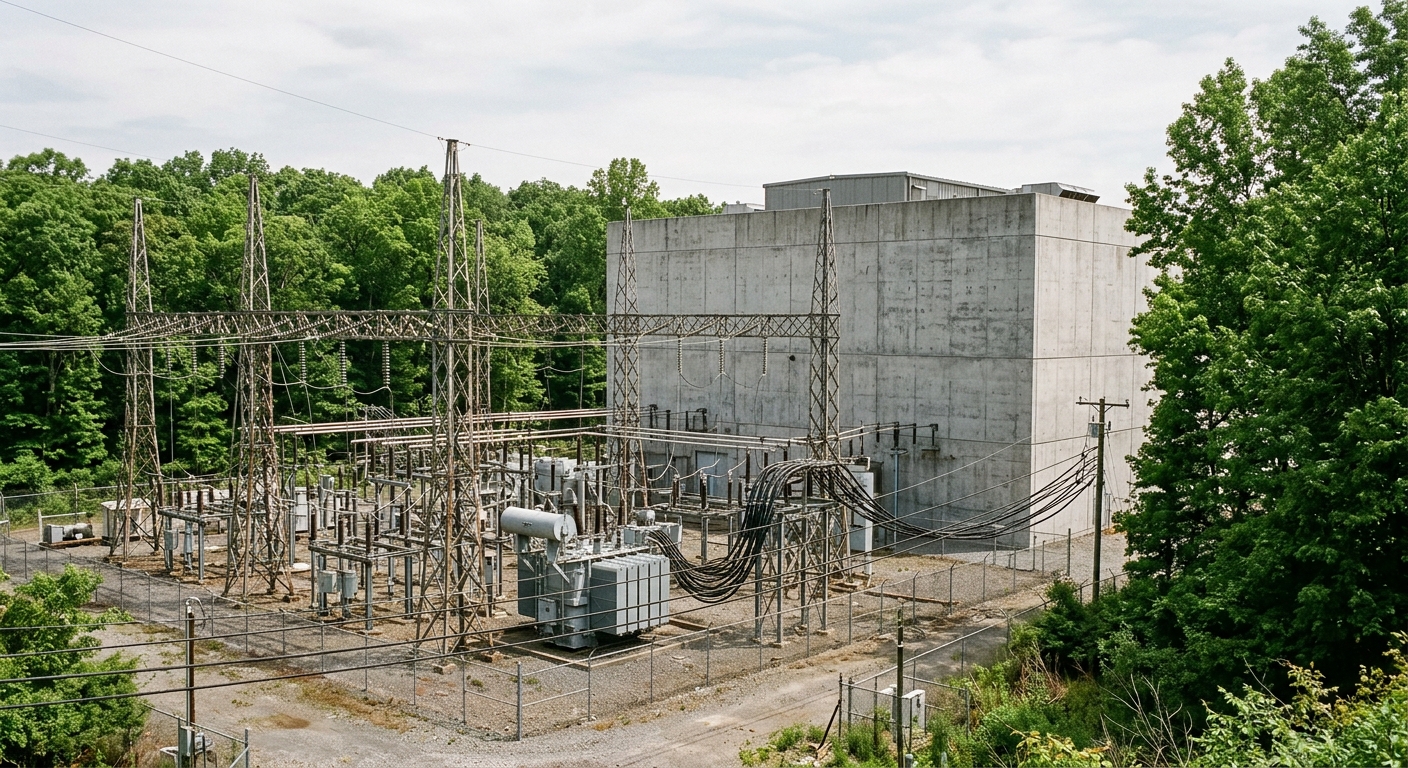 a large electrical substation with steel towers, thick cables, and heavy gray transformers positioned right next to a massive, windowless concrete data center f
