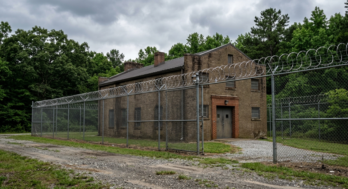 tall chain-link fences topped with coiled razor wire surrounding a drab brick institutional building with a single closed steel door, set against an overcast sk