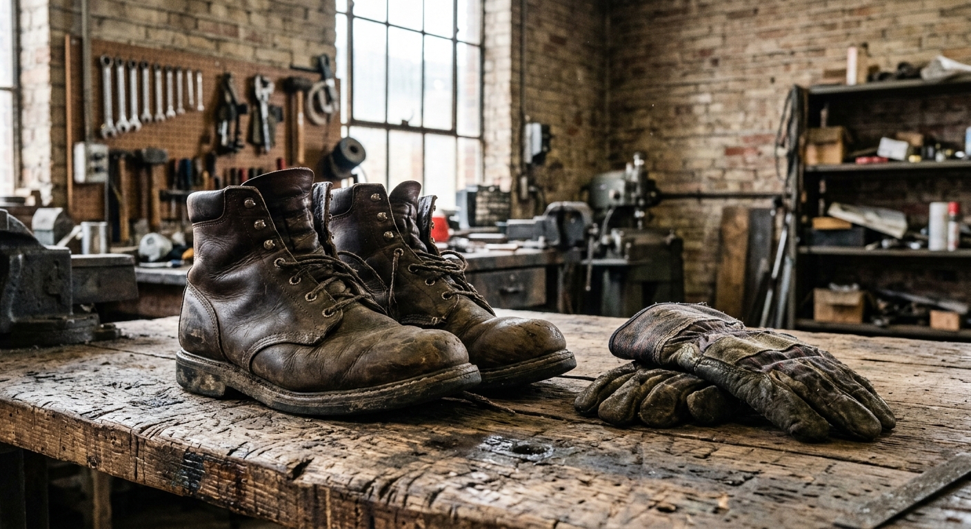 a weathered pair of leather work boots and heavy canvas work gloves resting on a scarred wooden workbench inside an older brick industrial workshop with dust in