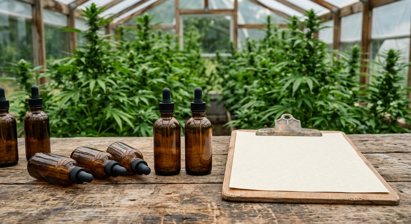 several plain amber glass dropper bottles and a blank clipboard resting on a weathered wooden table, with out-of-focus green hemp plants inside a rural greenhou