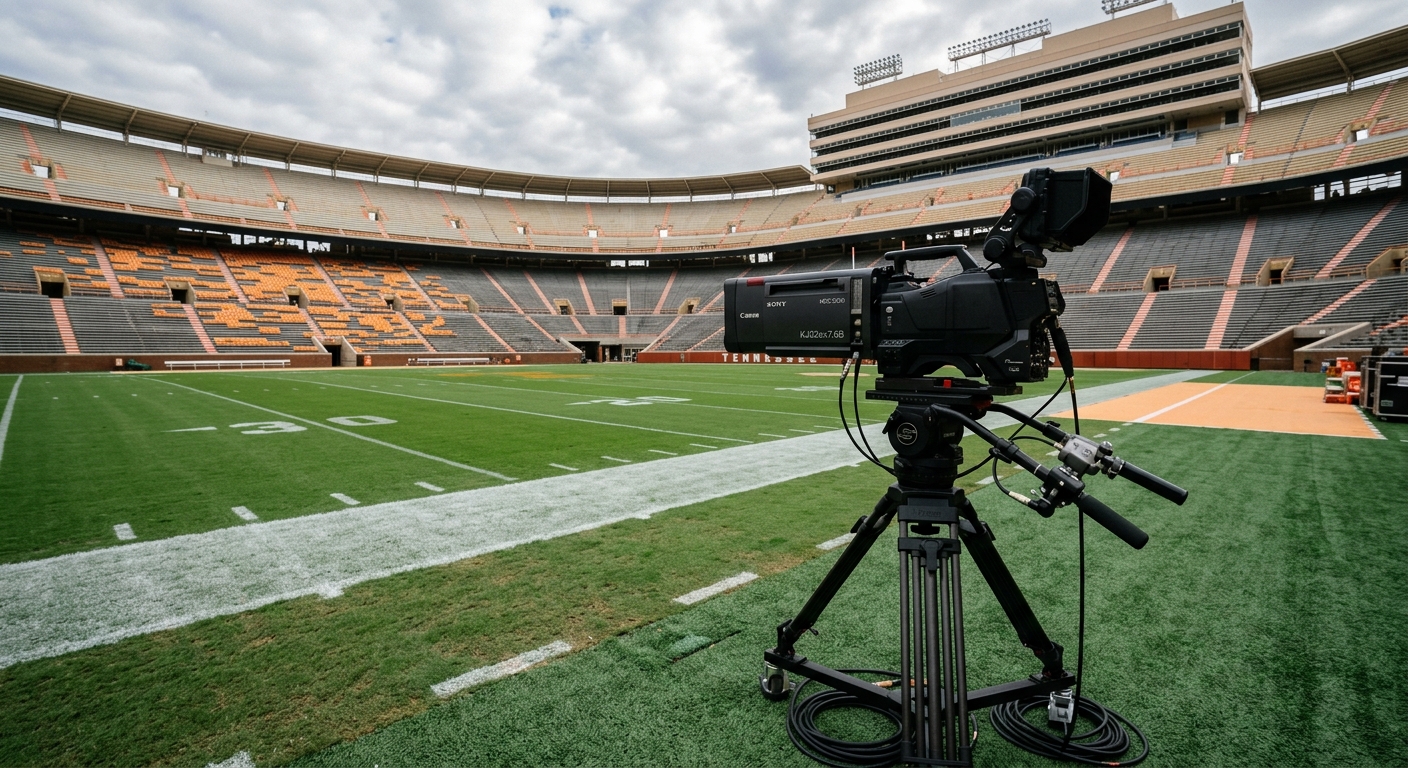 a professional television broadcast camera positioned on the sidelines of an empty college football stadium in Tennessee, overlooking the green turf and empty b