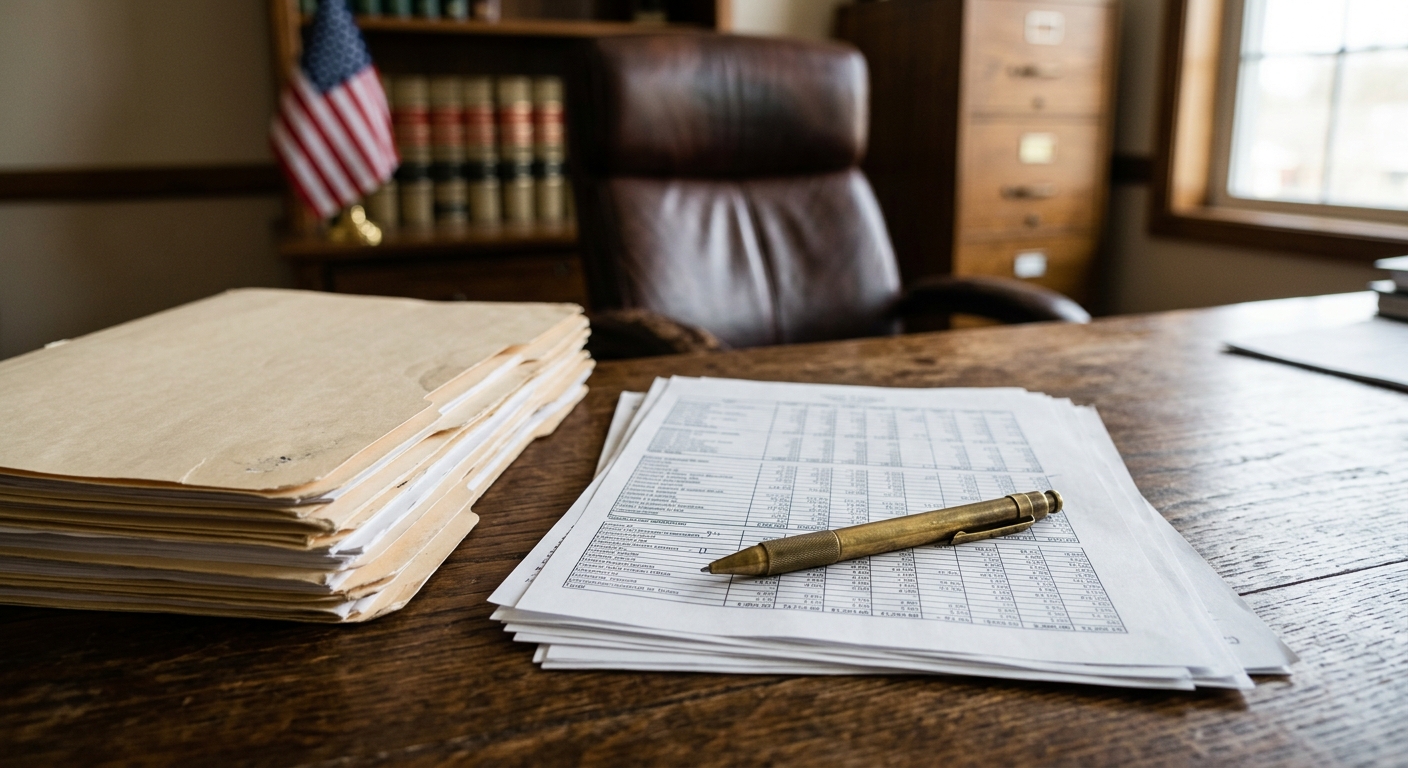 a stack of thick manila folders, financial spreadsheets, and a brass pen resting on a dark oak desk inside a legal office, with a softly blurred background show