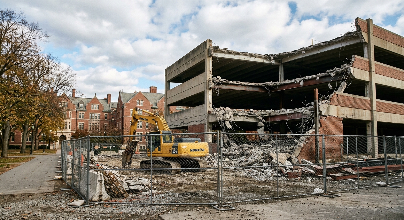 a partially demolished multi-level concrete parking garage surrounded by chain-link construction fencing and a parked excavator, with classic red-brick universi