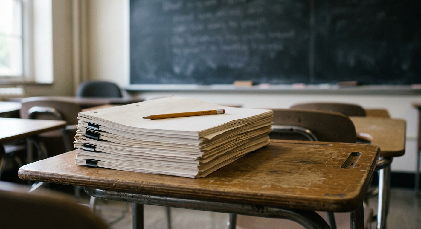 a stack of thick paper reports and a yellow wooden pencil sitting on an empty student desk in a quiet public school classroom, blurred chalkboard in the backgro