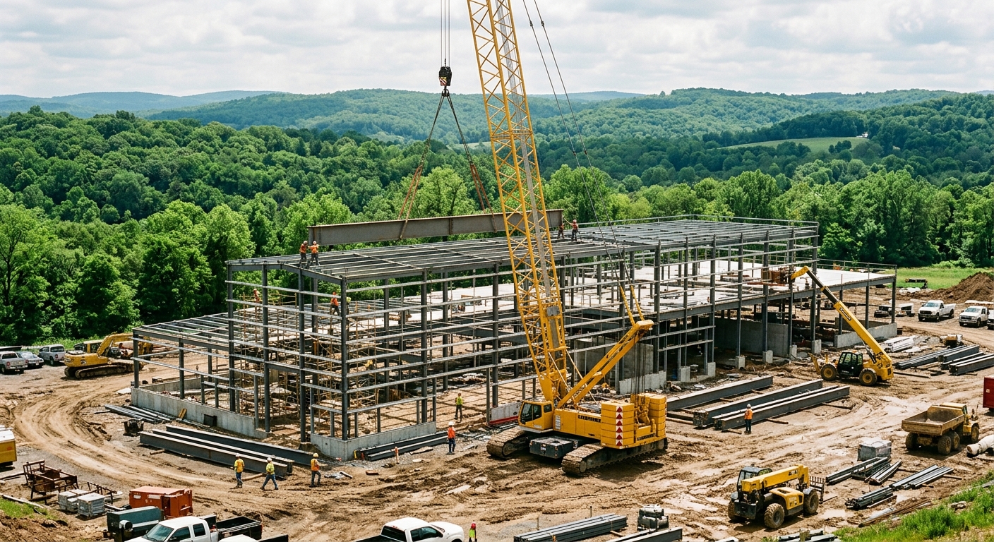 heavy yellow construction equipment lifting steel girders at a new sprawling factory building site, surrounded by lush green trees and rolling hills, natural ev