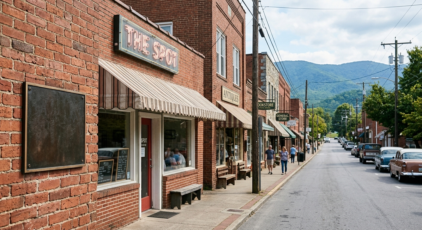a blank bronze walking tour marker mounted on the weathered red brick wall of a vintage 1950s-style downtown diner, looking down a quaint Southern main street w