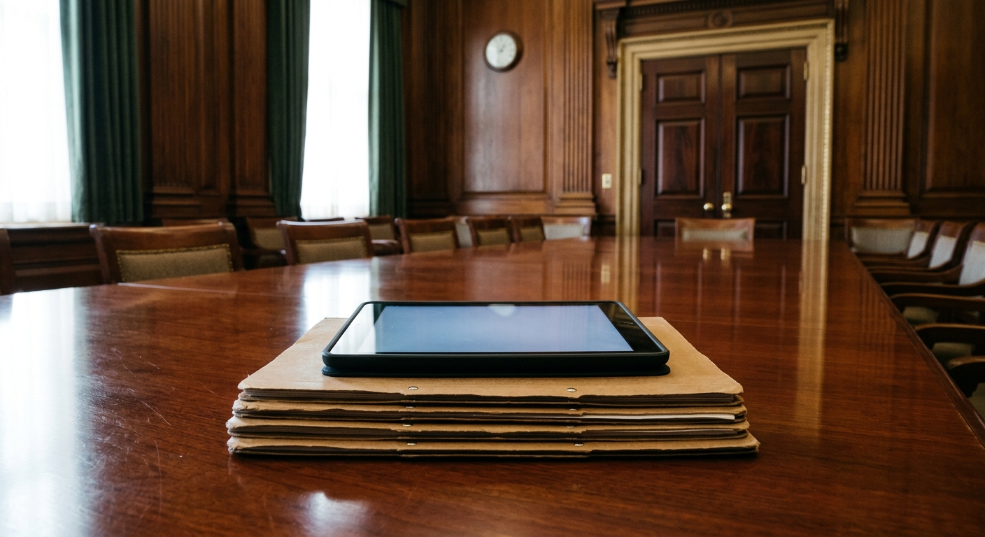 a generic digital tablet resting on a stack of closed manila folders on a polished mahogany conference table inside an empty traditional government meeting room