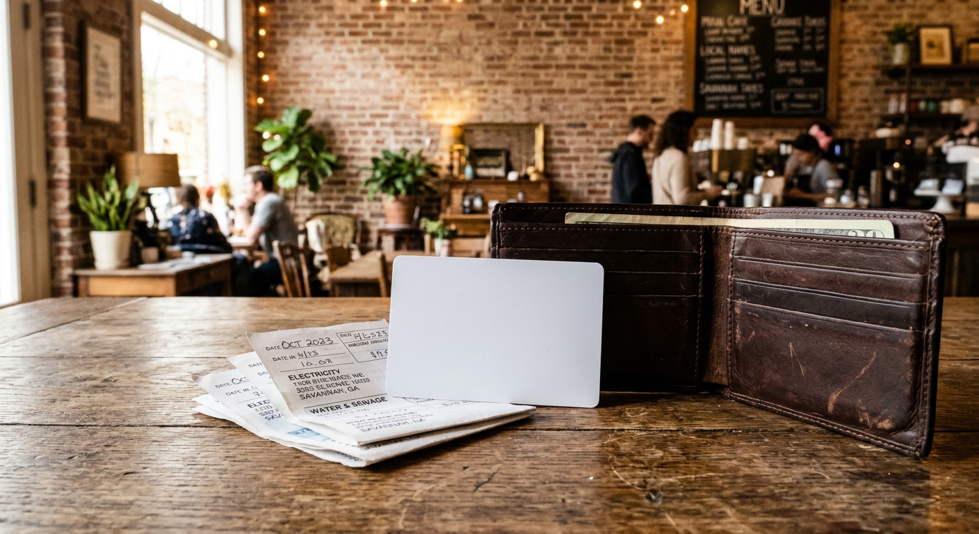 a blank plastic credit card resting on a small stack of paper utility bills next to an open leather wallet, sitting on a rustic wooden table inside a cozy brick