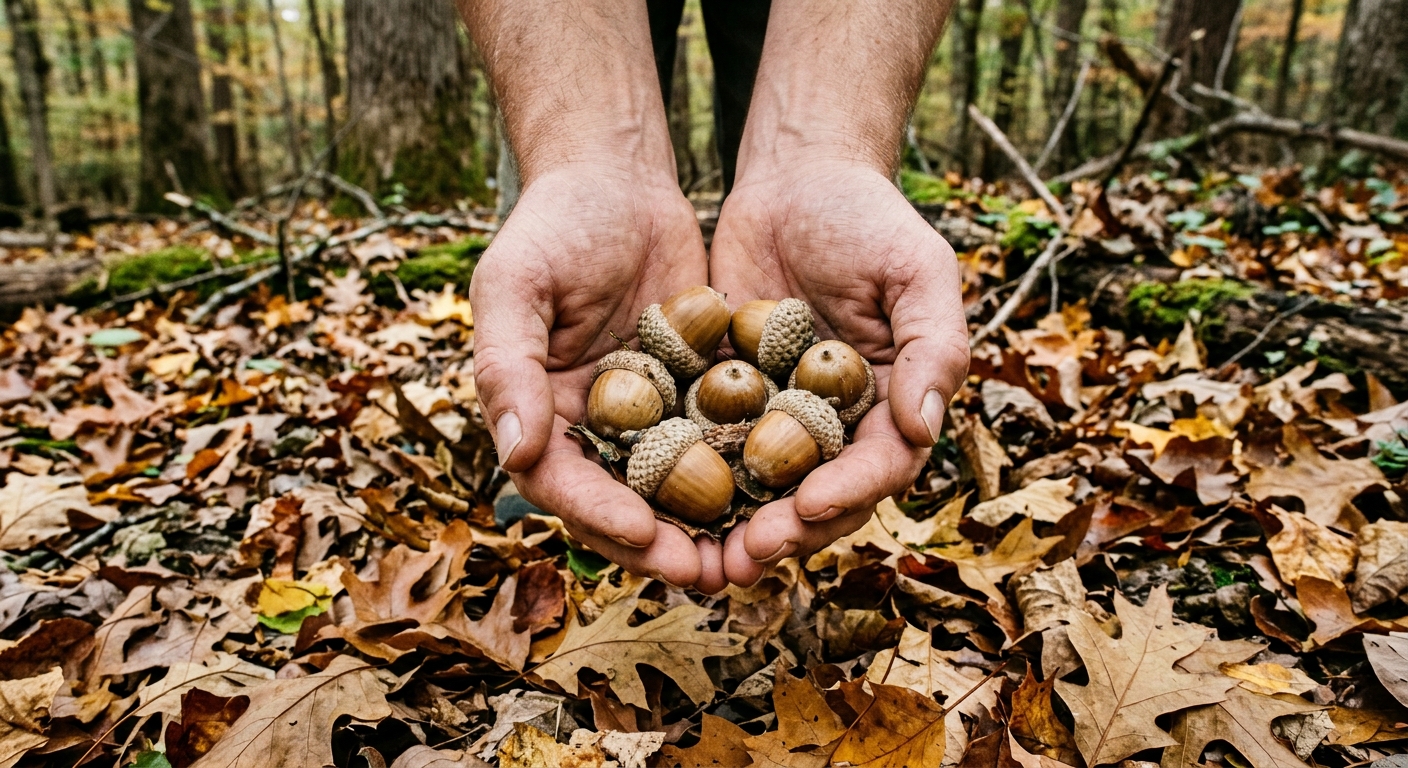 a person's hands holding several freshly gathered white oak acorns over a bed of fallen autumn leaves on a woodland floor in the southeastern United States, nat