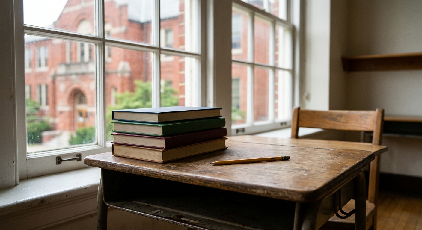 a classic wooden student desk holding a stack of closed hardcover textbooks and a yellow pencil, with a slightly out-of-focus traditional red brick school build