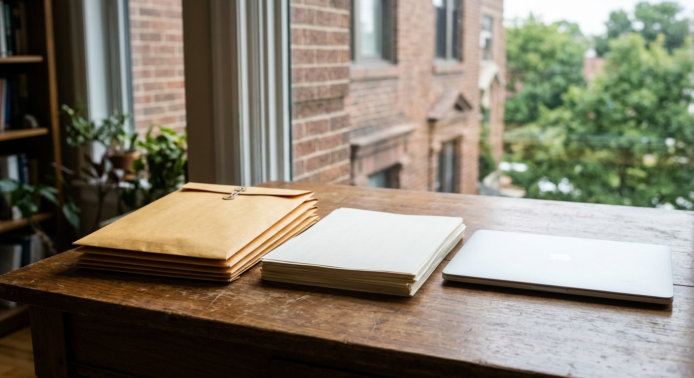 a stack of plain manila envelopes and blank paper documents next to a closed laptop on a wooden office desk, with a blurred view of a brick building and trees t