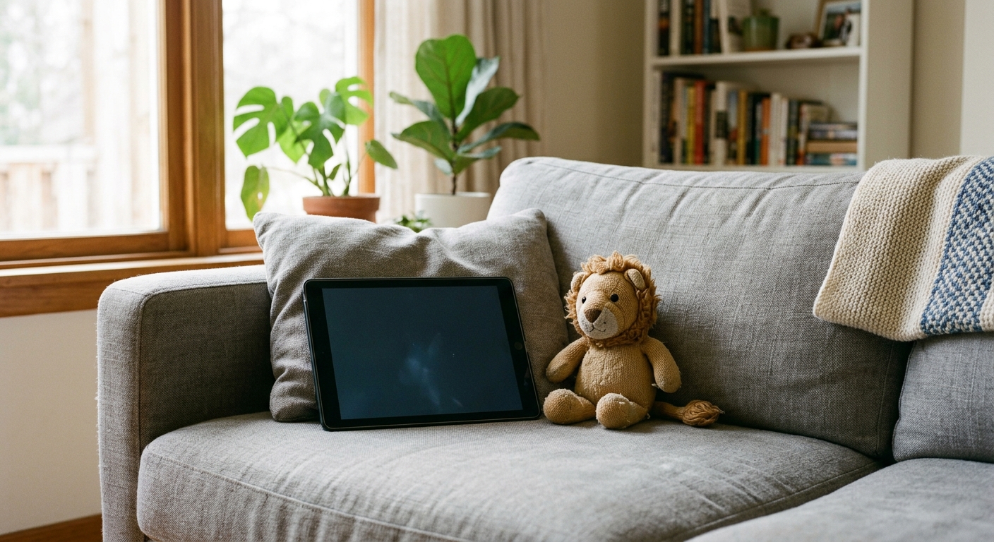 a digital tablet resting on a comfortable living room sofa next to a small child's toy, with soft daylight coming through a nearby window, natural everyday ligh