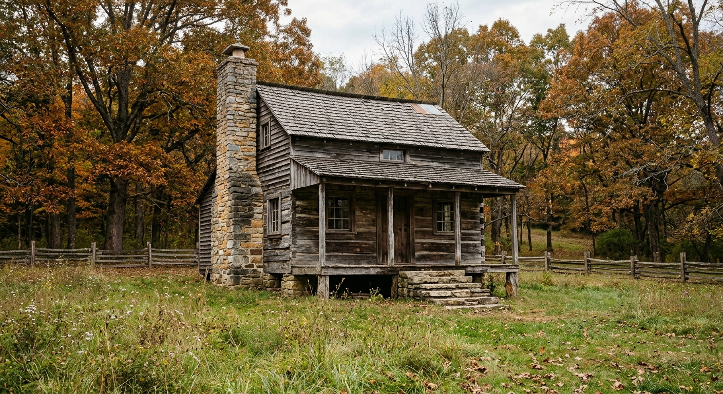 a weathered, historic wooden cabin with a restored stone chimney and limestone steps situated in a grassy field surrounded by large deciduous trees, reflecting