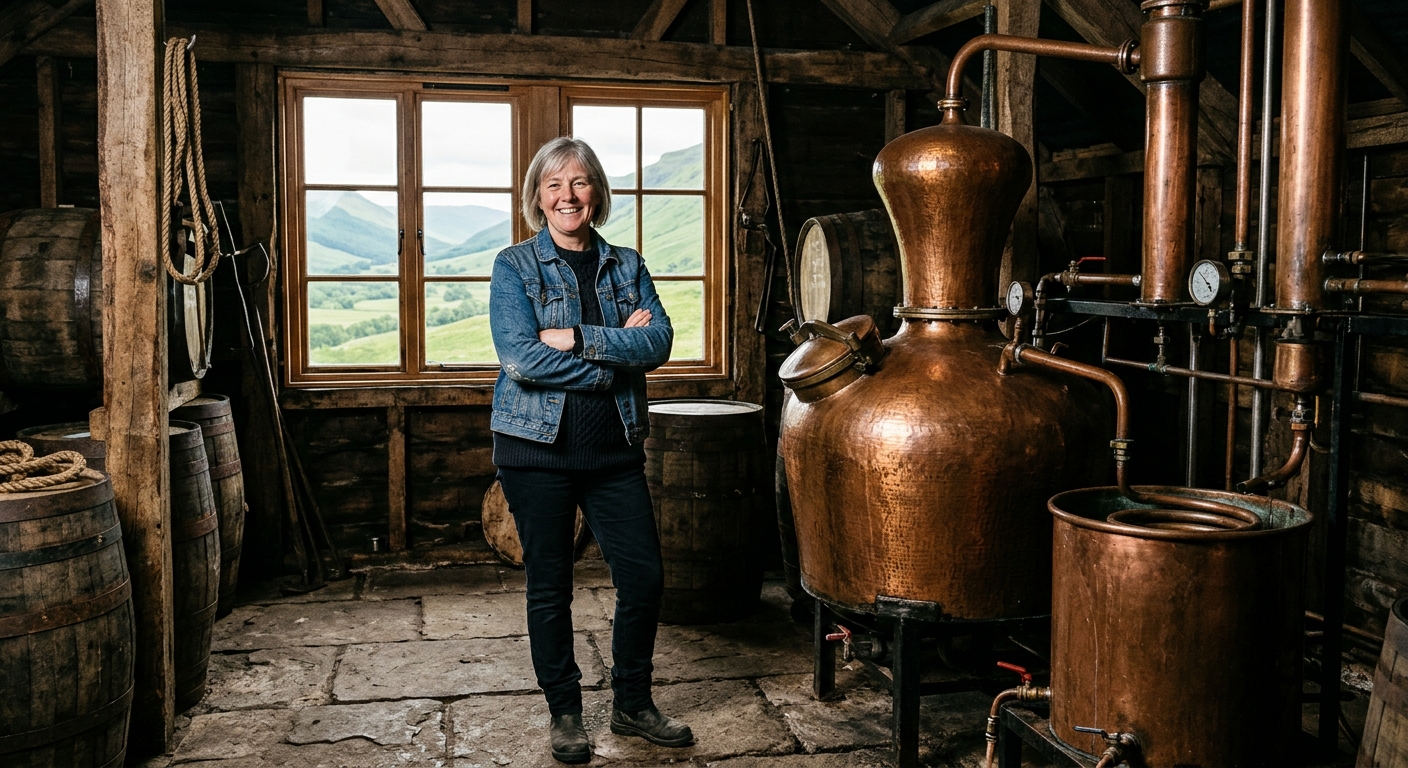 a middle-aged woman in a casual denim jacket standing proudly next to a traditional copper distillery still inside a rustic wooden building, with green mountain
