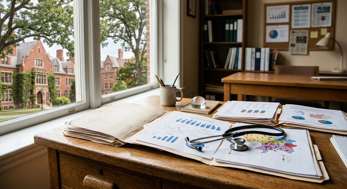a wooden desk in a quiet public health office, featuring a stethoscope resting on top of several open manila folders containing printed health data charts and d