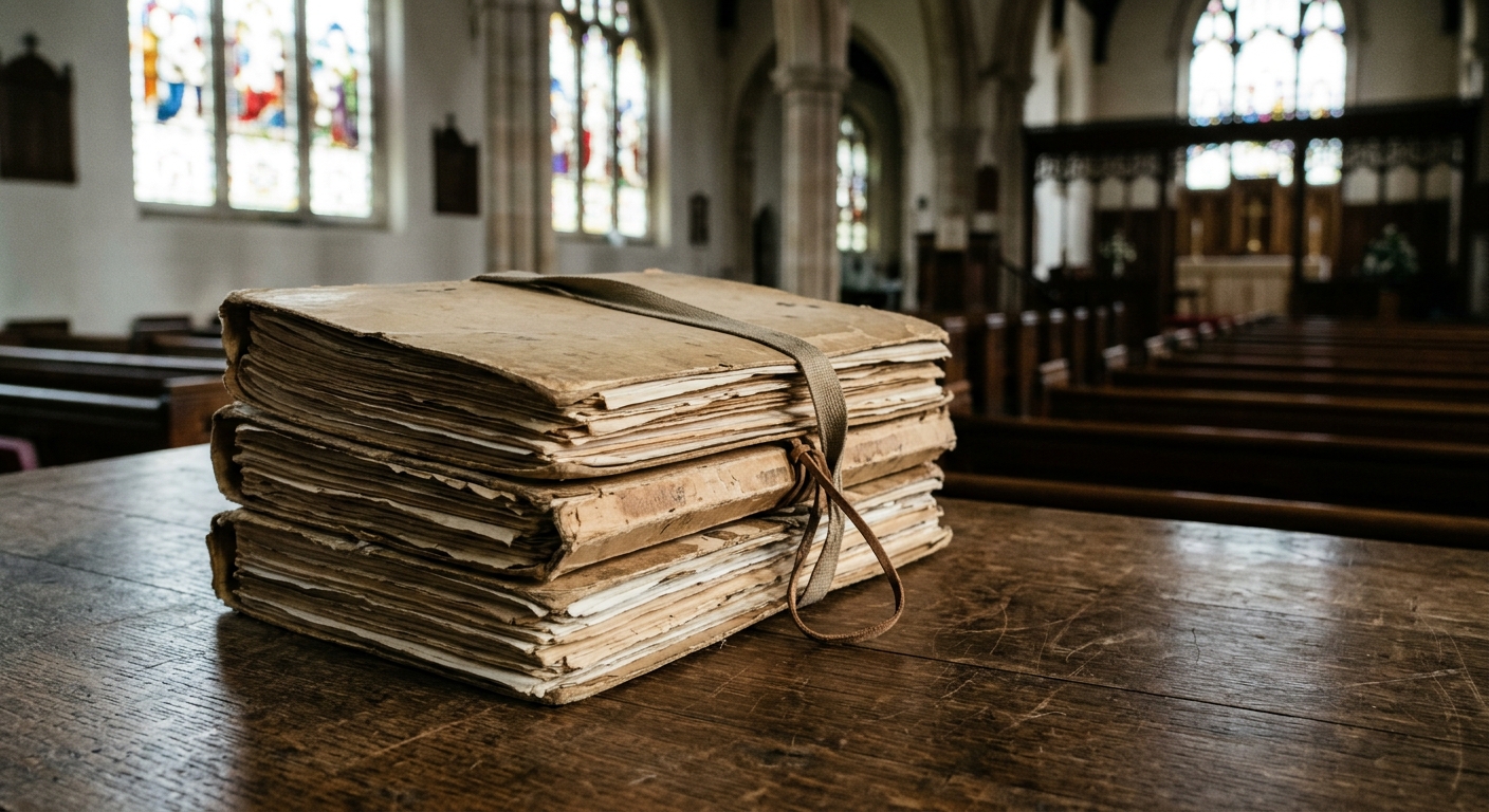 a stack of aged manila folders and legal documents resting on a heavy wooden table, with the softly out-of-focus background of a traditional church interior fea