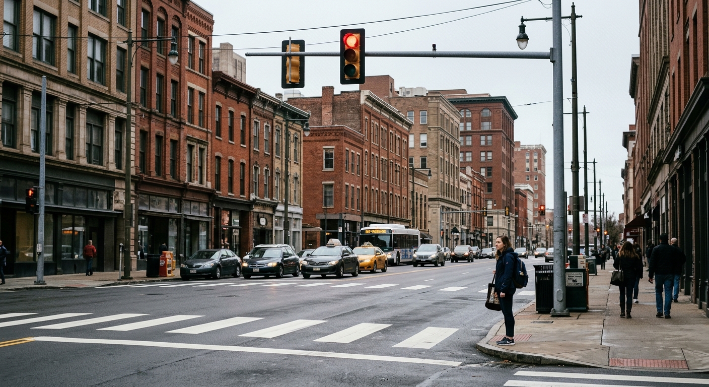 a standard urban intersection with a glowing red traffic light suspended over a painted crosswalk, a pedestrian waiting at the street corner, surrounded by typi